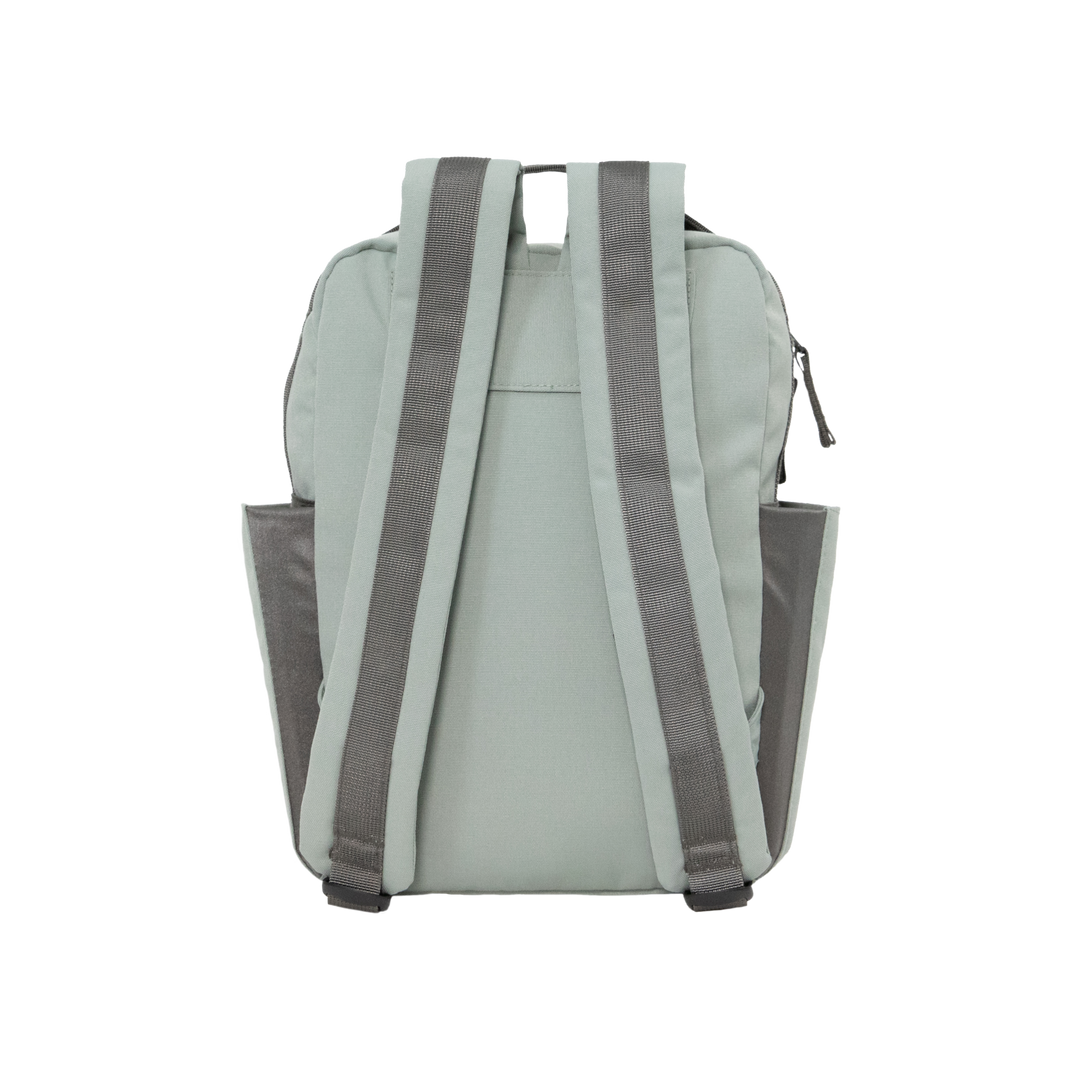 The Little Unicorn Red Rovr Mini Roo Backpack - Sage shown with zippers closed, a sleek option among backpacks for kids.