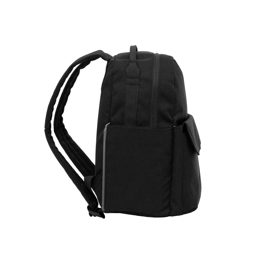 Side angle of Little Unicorn Red Rovr Mini Roo Backpack - Black highlighting modern design and easy-access pockets for kid backpacks.