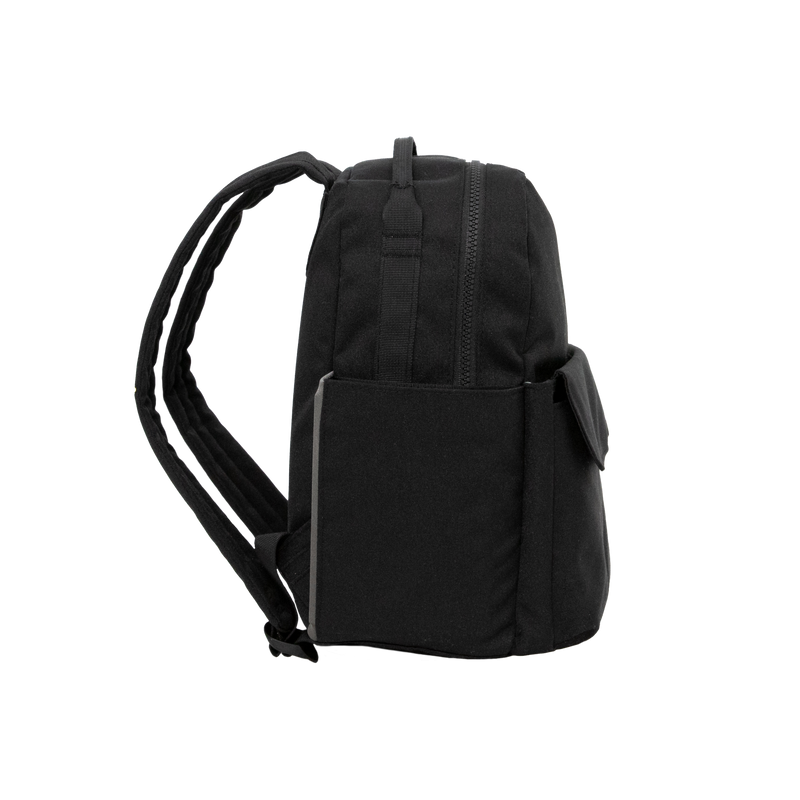 Side angle of Little Unicorn Red Rovr Mini Roo Backpack - Black highlighting modern design and easy-access pockets for kid backpacks.