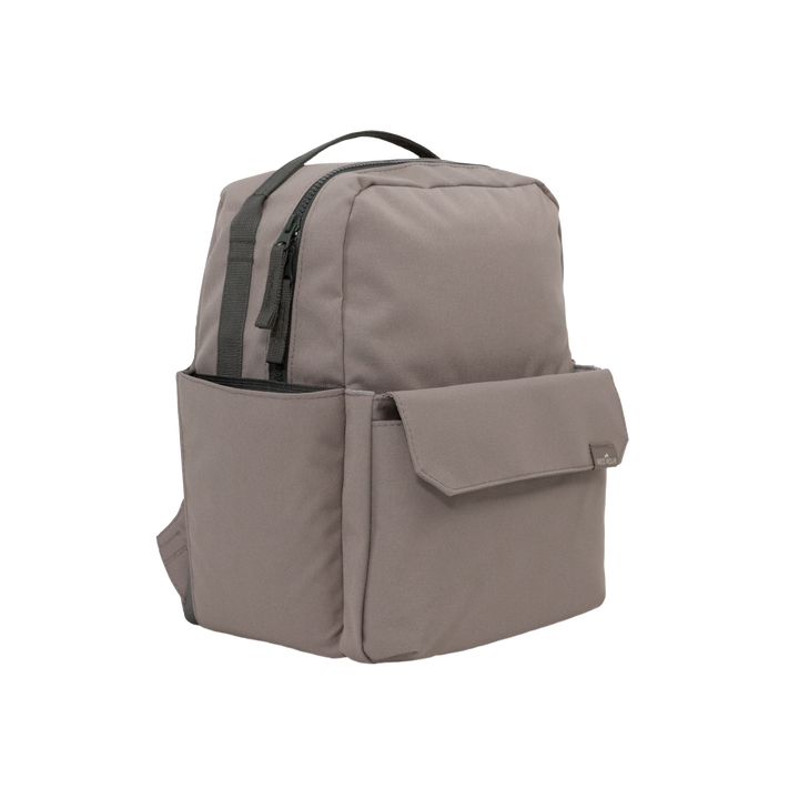 Front view of the Little Unicorn Red Rovr Mini Roo Backpack - Truffle, a sleek and durable kids backpack for daily use.