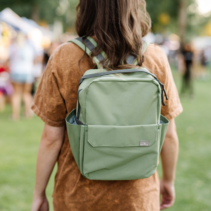 Back view of the Little Unicorn Red Rovr Mini Roo Backpack in Moss, crafted for comfort and durability in backpacks kids love.