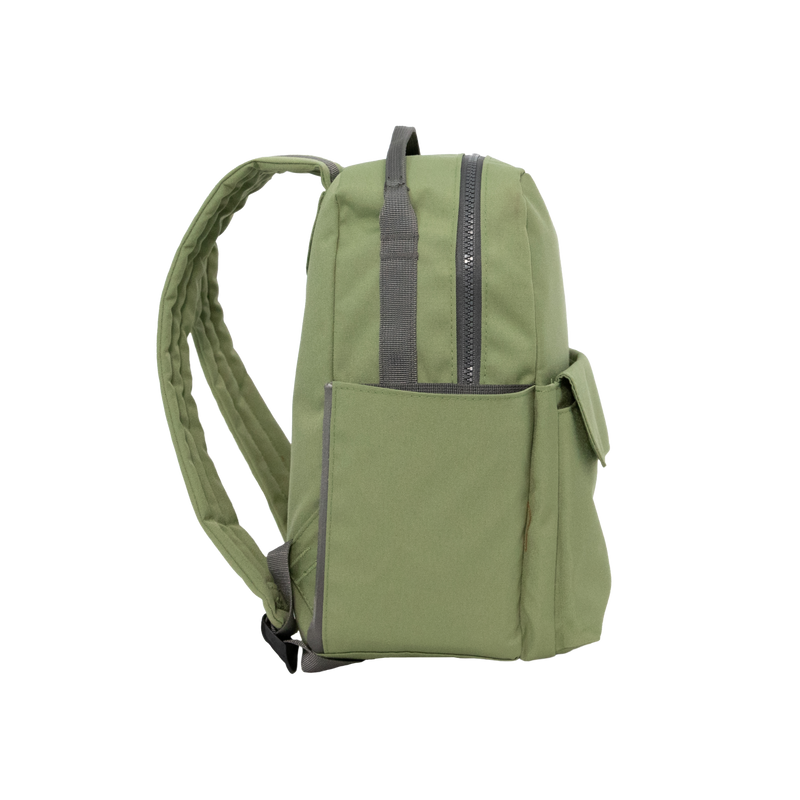 Little Unicorn Red Rovr Mini Roo Backpack - Moss shown open, perfect for organizing school essentials in a kid backpack.