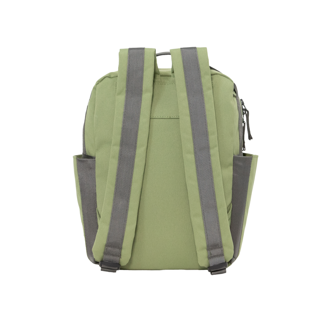 Front view of the Little Unicorn Red Rovr Mini Roo Backpack in Moss, one of the best backpacks for kids on the go.