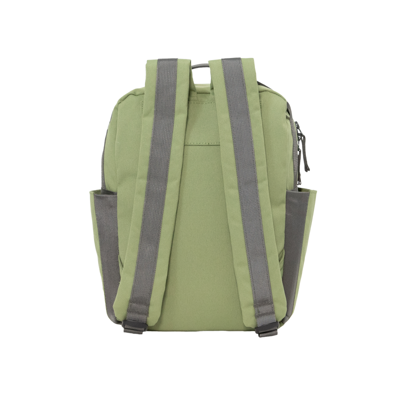 Front view of the Little Unicorn Red Rovr Mini Roo Backpack in Moss, one of the best backpacks for kids on the go.