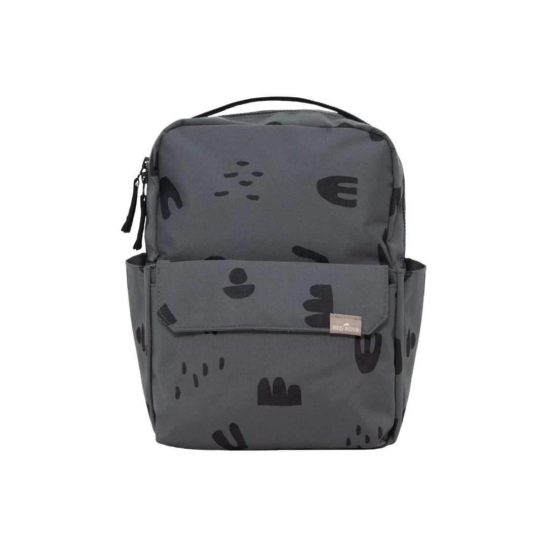 Little Unicorn Red Rovr Mini Roo Backpack - Charcoal Doodle shown standing upright, a stylish and durable kids backpack for everyday adventures.
