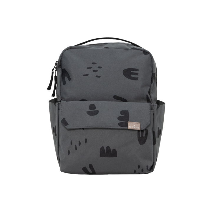 Little Unicorn Red Rovr Mini Roo Backpack - Charcoal Doodle shown standing upright, a stylish and durable kids backpack for everyday adventures.