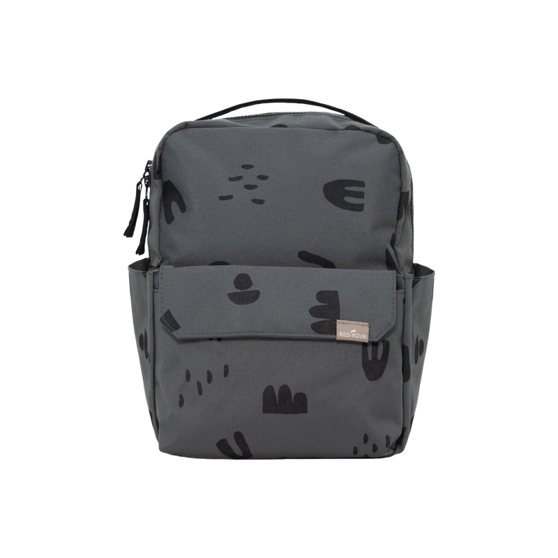 Little Unicorn Red Rovr Mini Roo Backpack - Charcoal Doodle shown standing upright, a stylish and durable kids backpack for everyday adventures.