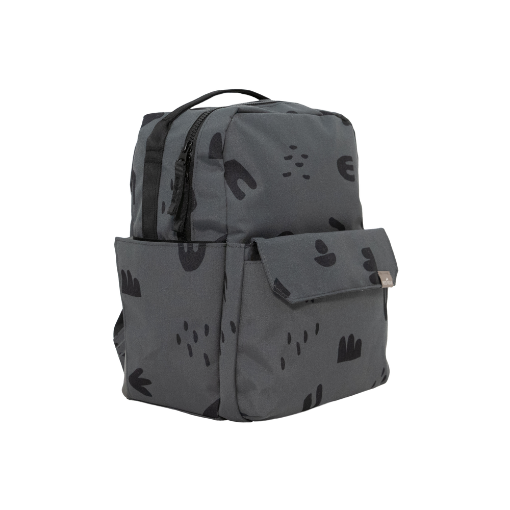 The Little Unicorn Red Rovr Mini Roo Backpack - Charcoal Doodle displayed from the front, a compact and lightweight backpack for kids.
