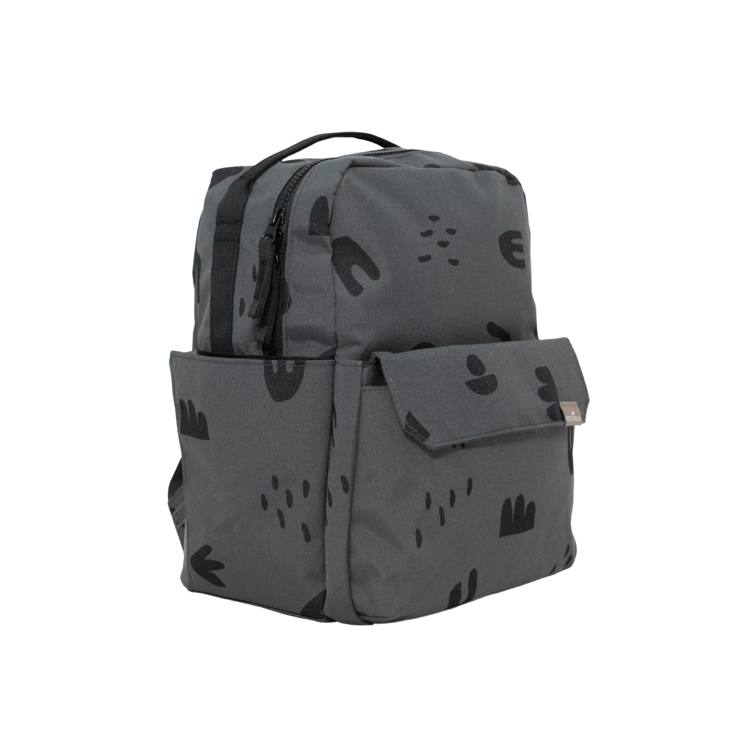 The Little Unicorn Red Rovr Mini Roo Backpack - Charcoal Doodle displayed from the front, a compact and lightweight backpack for kids.