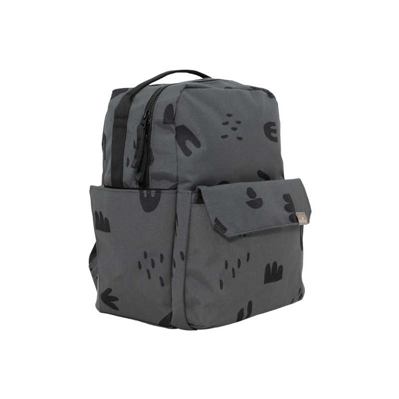 The Little Unicorn Red Rovr Mini Roo Backpack - Charcoal Doodle displayed from the front, a compact and lightweight backpack for kids.