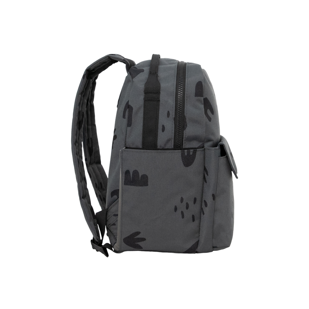 Side view of Little Unicorn Red Rovr Mini Roo Backpack - Charcoal Doodle, designed as one of the best kids backpacks for travel or school.