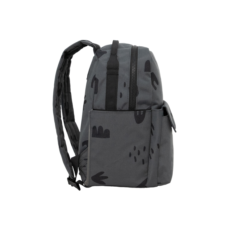 Side view of Little Unicorn Red Rovr Mini Roo Backpack - Charcoal Doodle, designed as one of the best kids backpacks for travel or school.