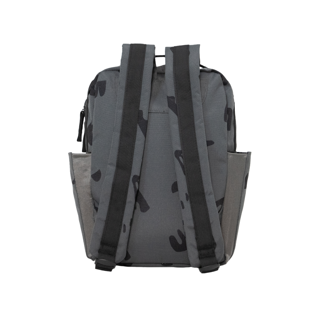 Little Unicorn Red Rovr Mini Roo Backpack - Charcoal Doodle shown open, a roomy and functional kid backpack for essentials on the go.