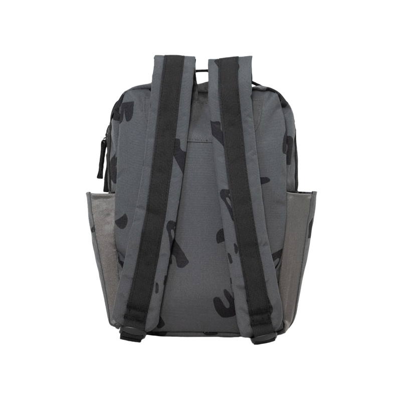 Little Unicorn Red Rovr Mini Roo Backpack - Charcoal Doodle shown open, a roomy and functional kid backpack for essentials on the go.