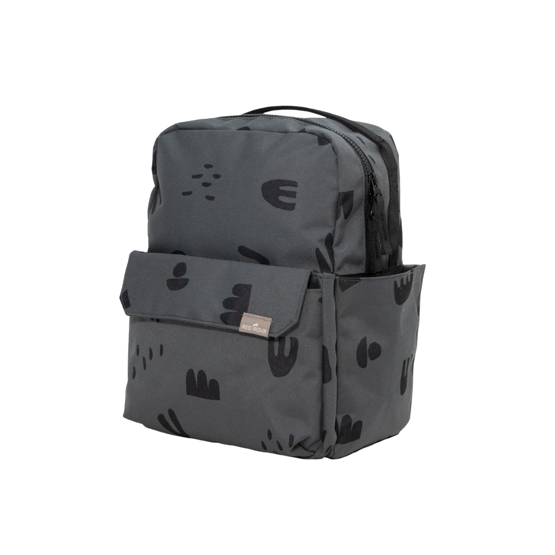 Back view of Little Unicorn Red Rovr Mini Roo Backpack - Charcoal Doodle, featuring adjustable straps for the perfect little kids backpack fit.