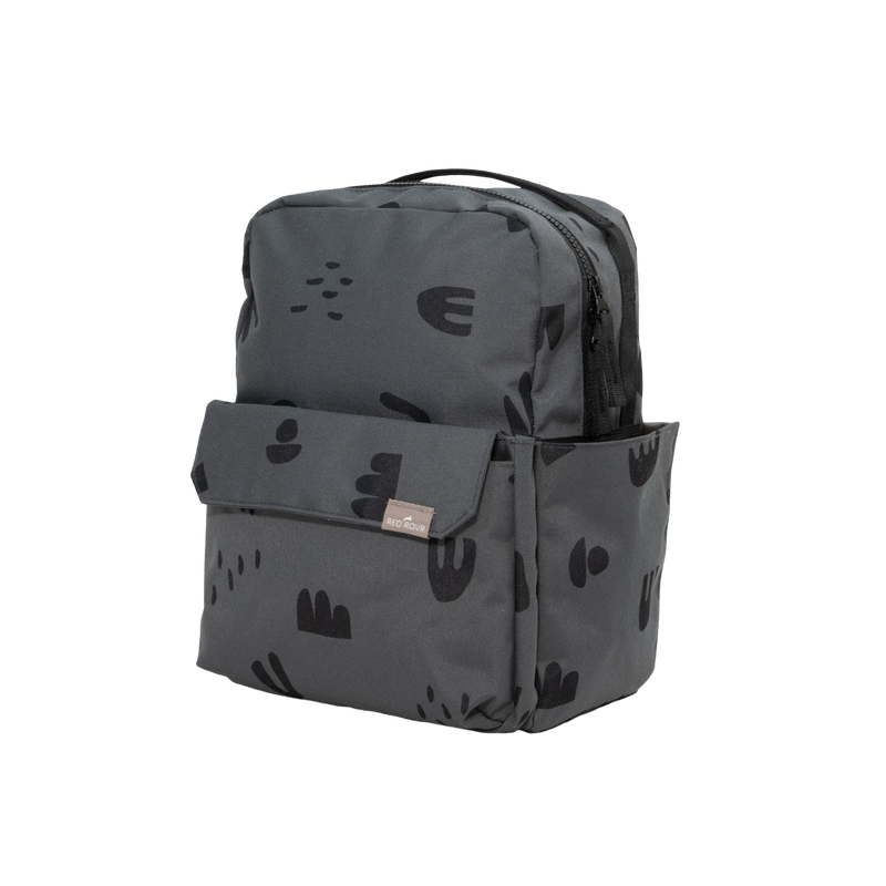 Back view of Little Unicorn Red Rovr Mini Roo Backpack - Charcoal Doodle, featuring adjustable straps for the perfect little kids backpack fit.