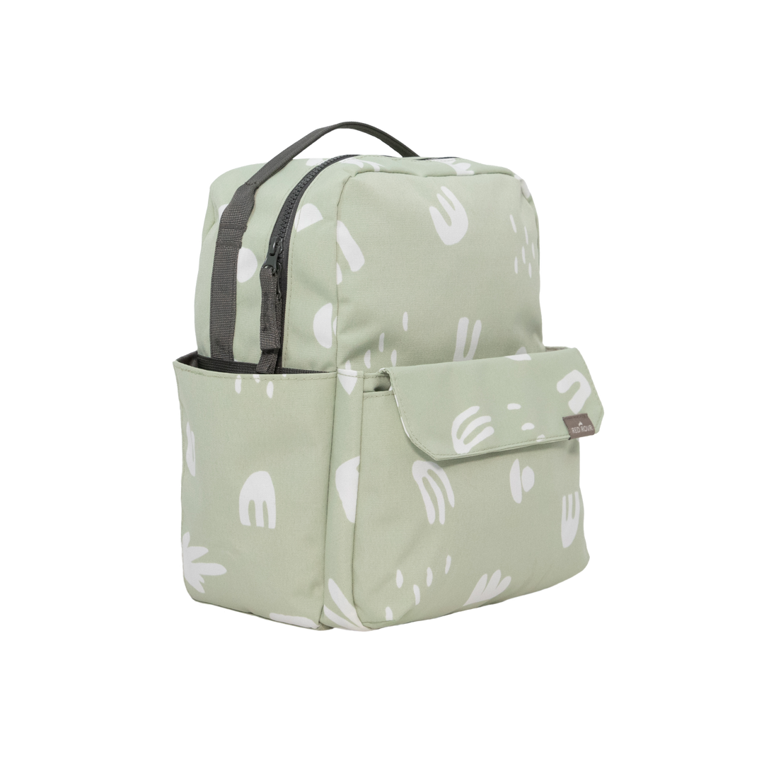 Front-facing view of the Little Unicorn Red Rovr Mini Roo Backpack - Pear Doodle, a trendy and compact kids backpack for daily use.