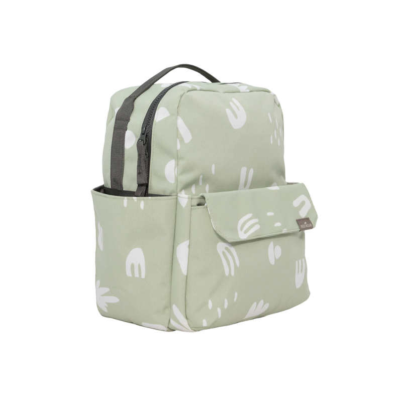 Front-facing view of the Little Unicorn Red Rovr Mini Roo Backpack - Pear Doodle, a trendy and compact kids backpack for daily use.