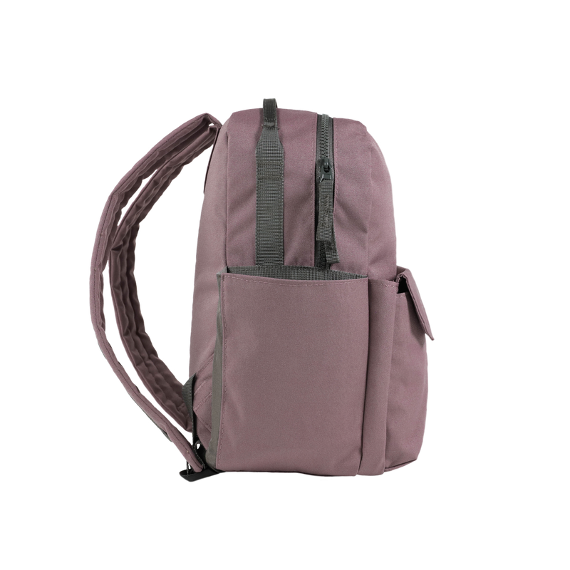 Little Unicorn Red Rovr Mini Roo Backpack - Mauve open to reveal spacious compartments perfect for kid backpacks.