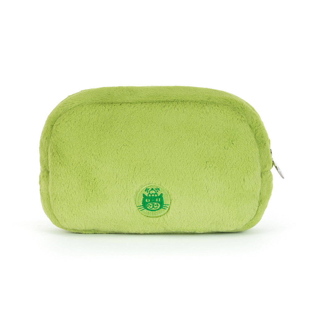 Soft green Jellycat frog pouch featuring Ricky Rain Frog, a cute plush storage pouch and frog gift