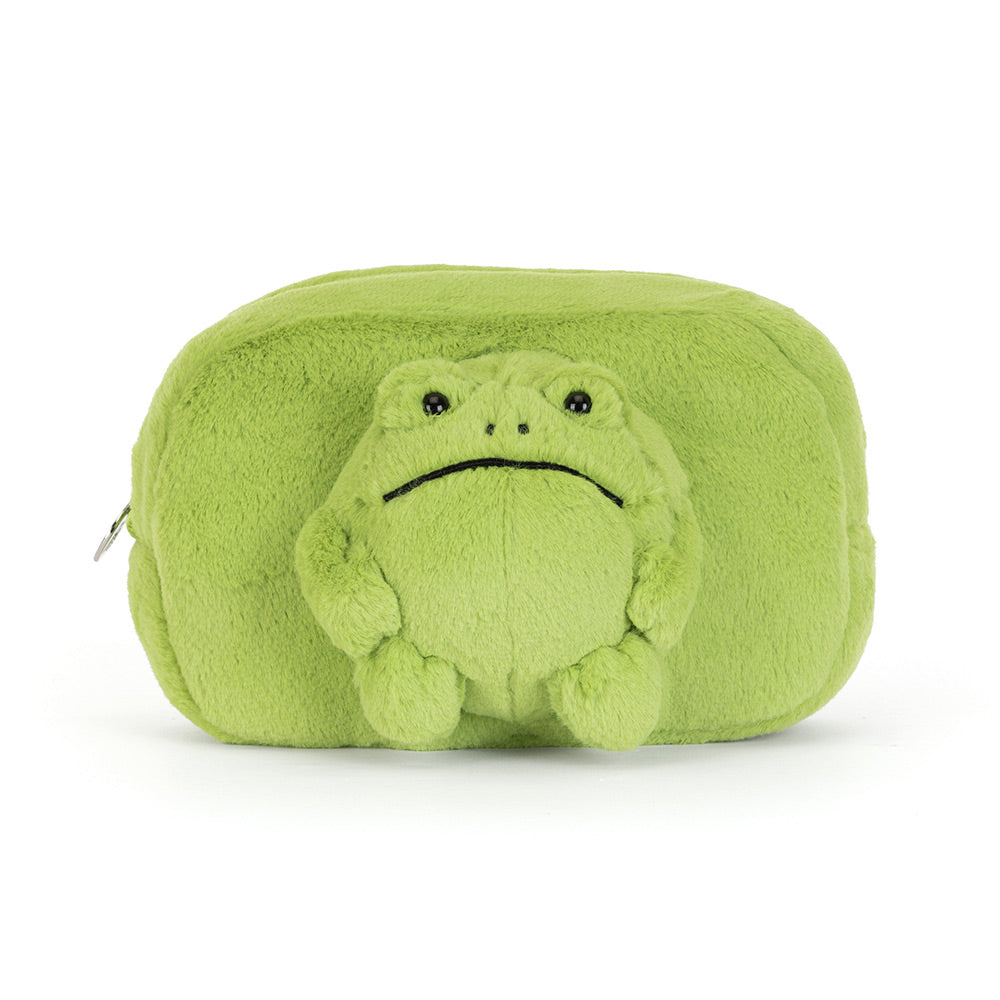 Jellycat Ricky Rain Frog Pouch, a green plush zip pouch with Ricky's famous grumpy frog face