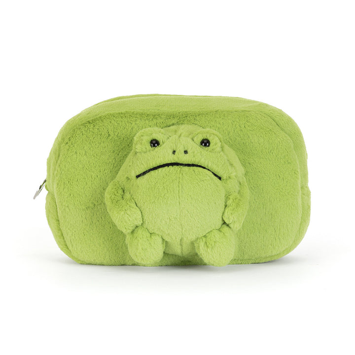 Jellycat Ricky Rain Frog Pouch, a green plush zip pouch with Ricky's famous grumpy frog face