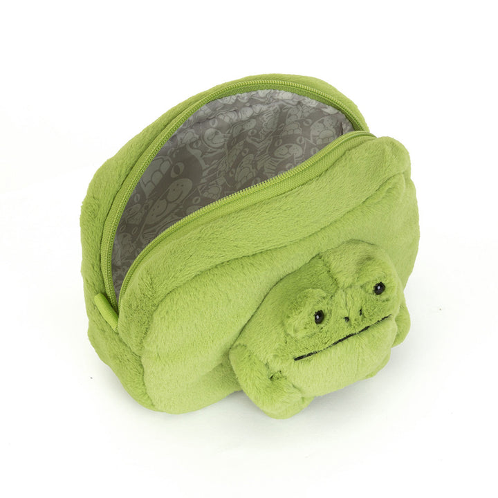 Grumpy green Jellycat Ricky Rain Frog plush pouch, a playful stocking stuffer for frog lovers