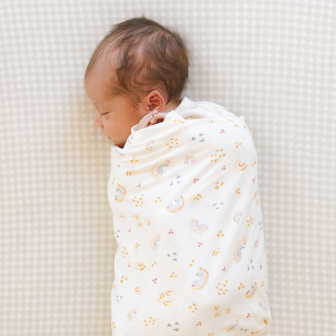 Little Unicorn muslin for swaddling, Stretch Knit Swaddle Blanket 2 Pack - Rainbows, lightweight and soft for babies