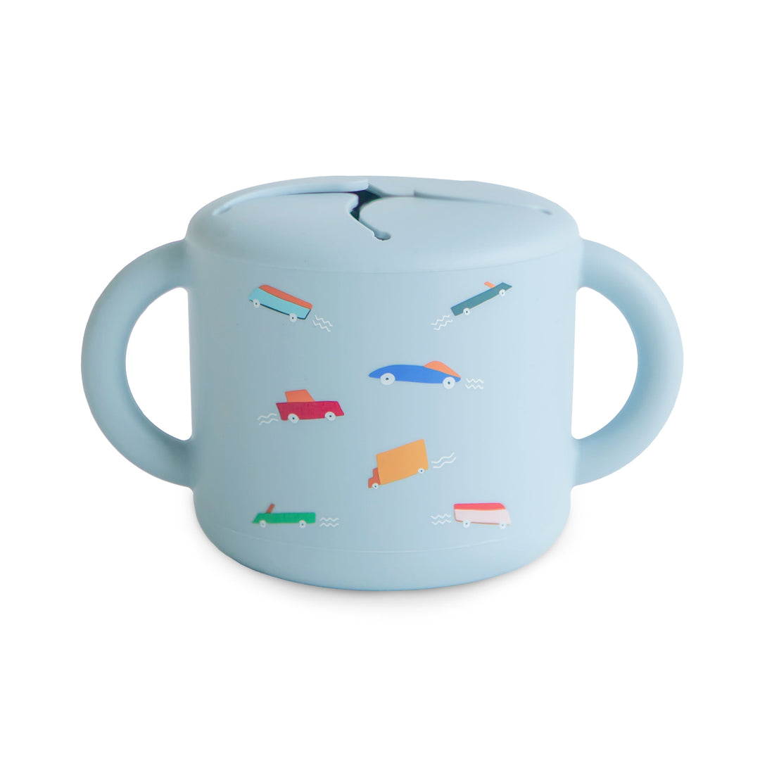 Mushie Silicone Snack Cup in Retro Cars pattern with easy-grip handles for toddlers