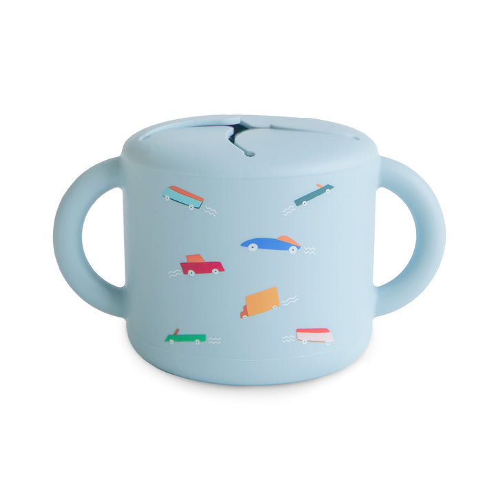 Mushie Silicone Snack Cup in Retro Cars pattern with easy-grip handles for toddlers