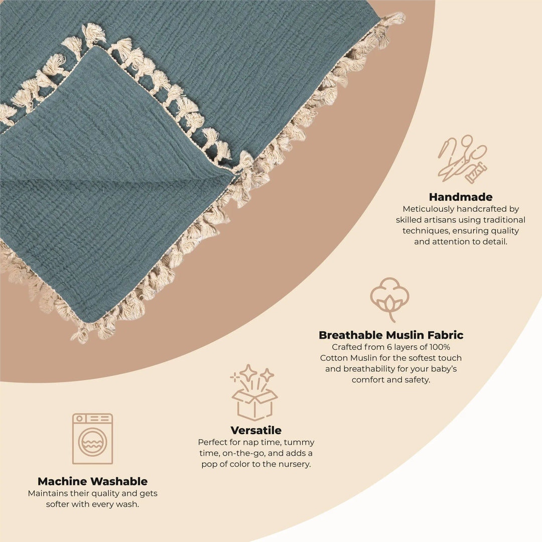 Infographic of Crane Baby 6 Layer Muslin Blanket in Riverstone, showing why itÕs a top choice for muslin baby blankets.