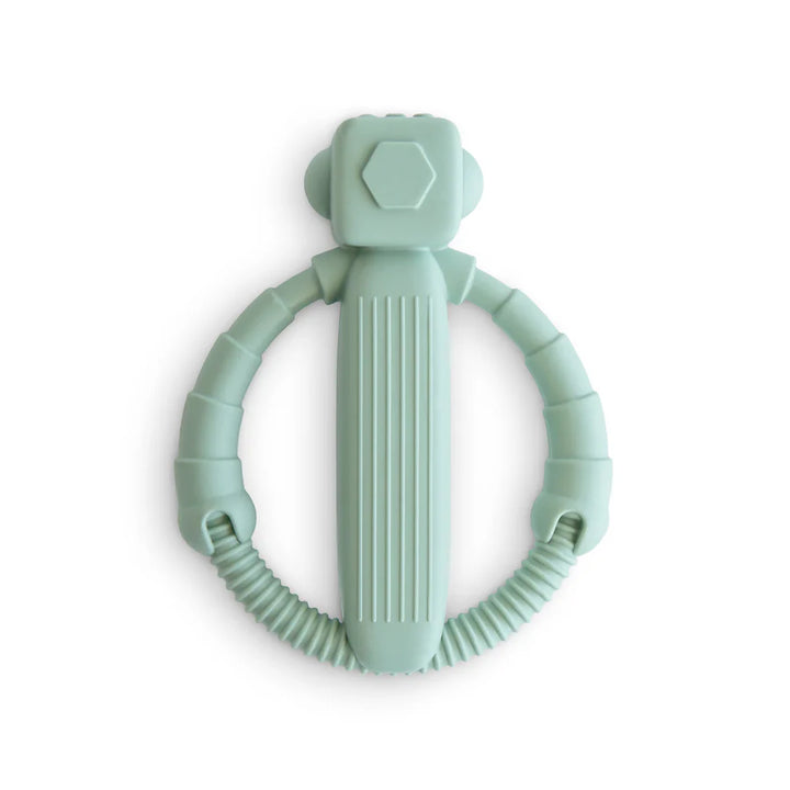 Mushie baby teething toy with rattling robot design