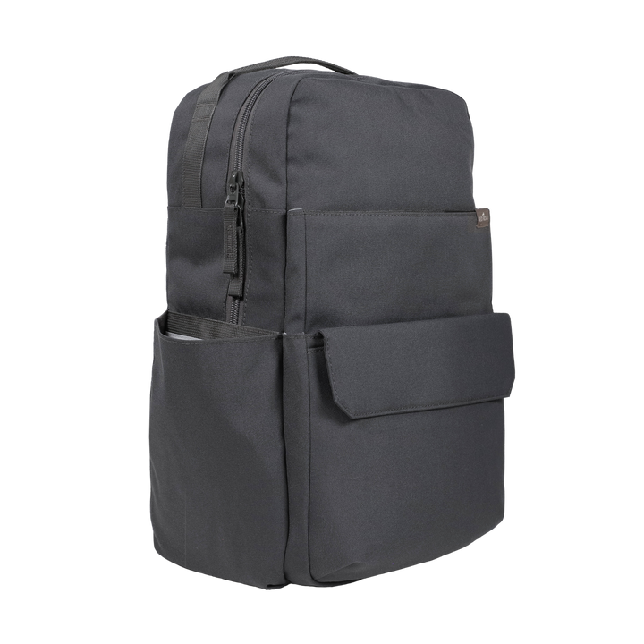 Front-facing view of the Little Unicorn Red Rovr Roo Backpack - Charcoal, perfect for a modern kids backpack.