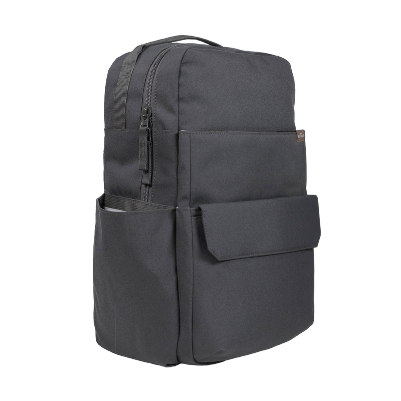 Front-facing view of the Little Unicorn Red Rovr Roo Backpack - Charcoal, perfect for a modern kids backpack.