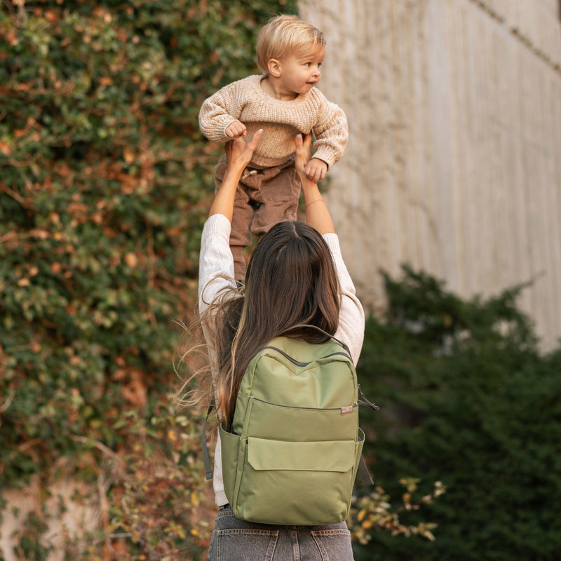 Close-up of the Little Unicorn Red Rovr Roo Backpack in Moss highlights its craftsmanship and timeless design for backpacks kids love.