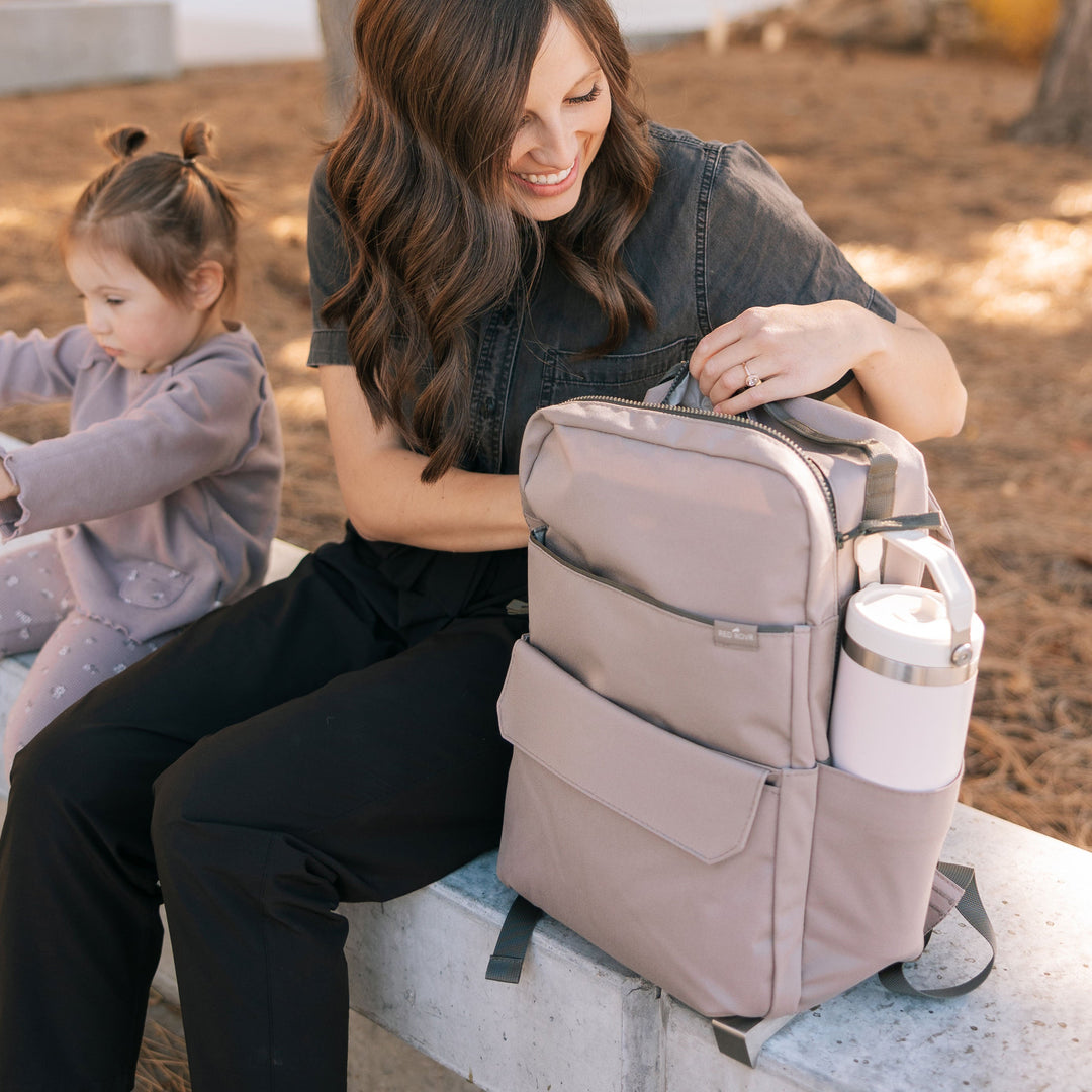 Little Unicorn Red Rovr Roo Backpack - Truffle displayed with a sleek silhouette, great for active little kids backpack needs.