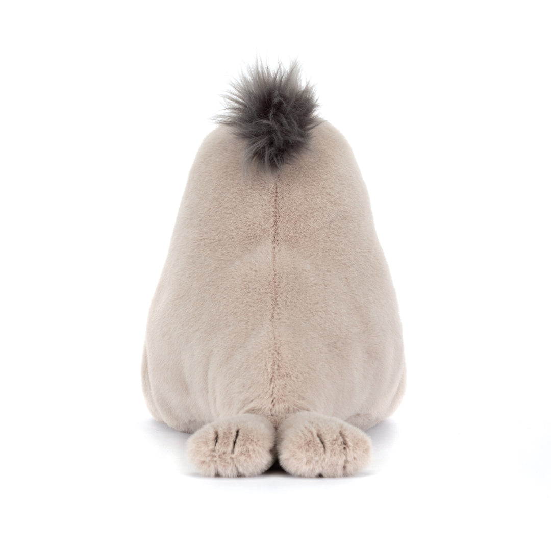 Jellycat Roarwell Sea Lion side view -- soft torpedo-shaped sea lion plush 11.8in, smooth dark polyester coat, unique ocean animal stuffed toy gift for display or cuddling
