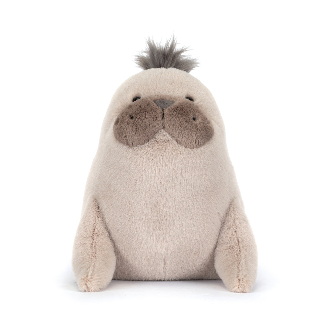 Jellycat SEA2LN Roarwell Sea Lion overhead -- dark plush sea lion stuffed animal, High Summer 2026 ocean collection, standout gift for Jellycat collectors and marine life fans