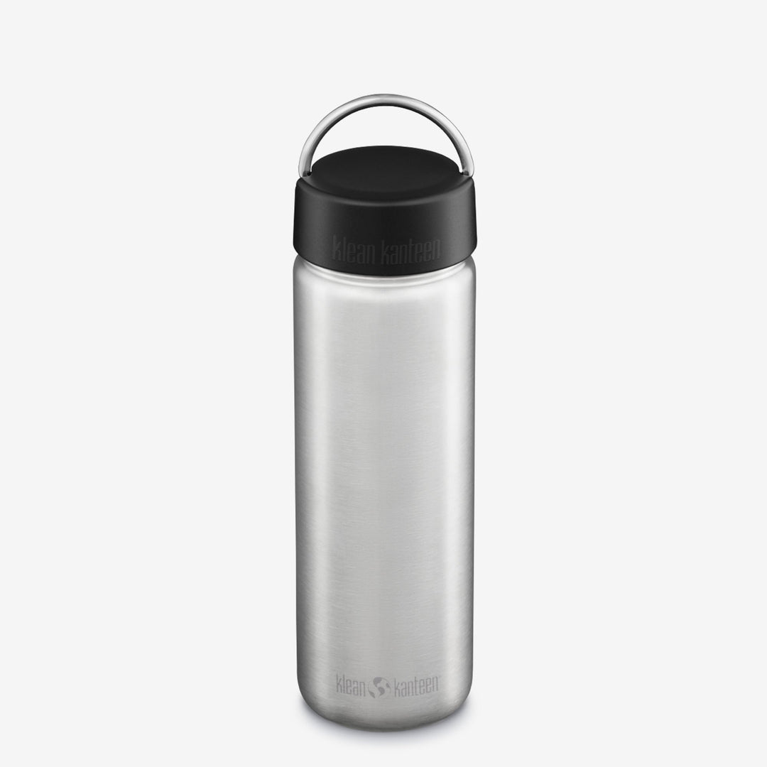 Klean Kanteen 27oz Wide Water Bottle in Black with Loop Cap, made from stainless steel and leak proof loop cap for secure hydration.