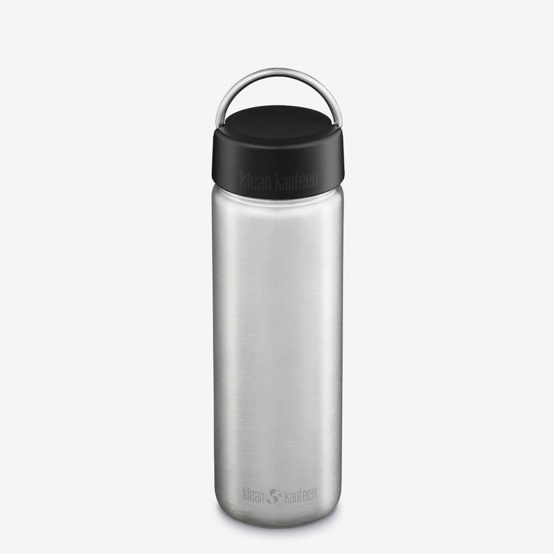 Klean Kanteen 27oz Wide Water Bottle in Black with Loop Cap, made from stainless steel and leak proof loop cap for secure hydration.