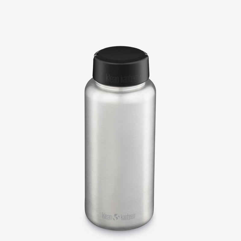 Klean Kanteen 40oz Wide Water Bottle in Black with Loop Cap, made from stainless steel and leak proof loop cap for secure hydration.