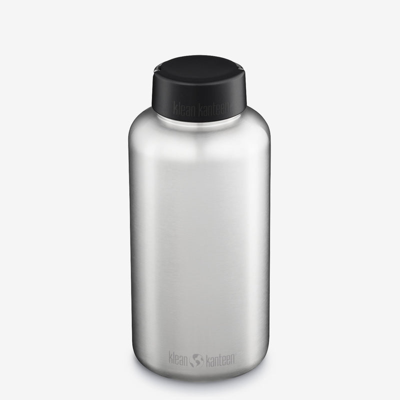 Hero shot of Klean Kanteen 64oz Wide Water Bottle in Brushed Stainless, minimalist and metal construction for everyday use.