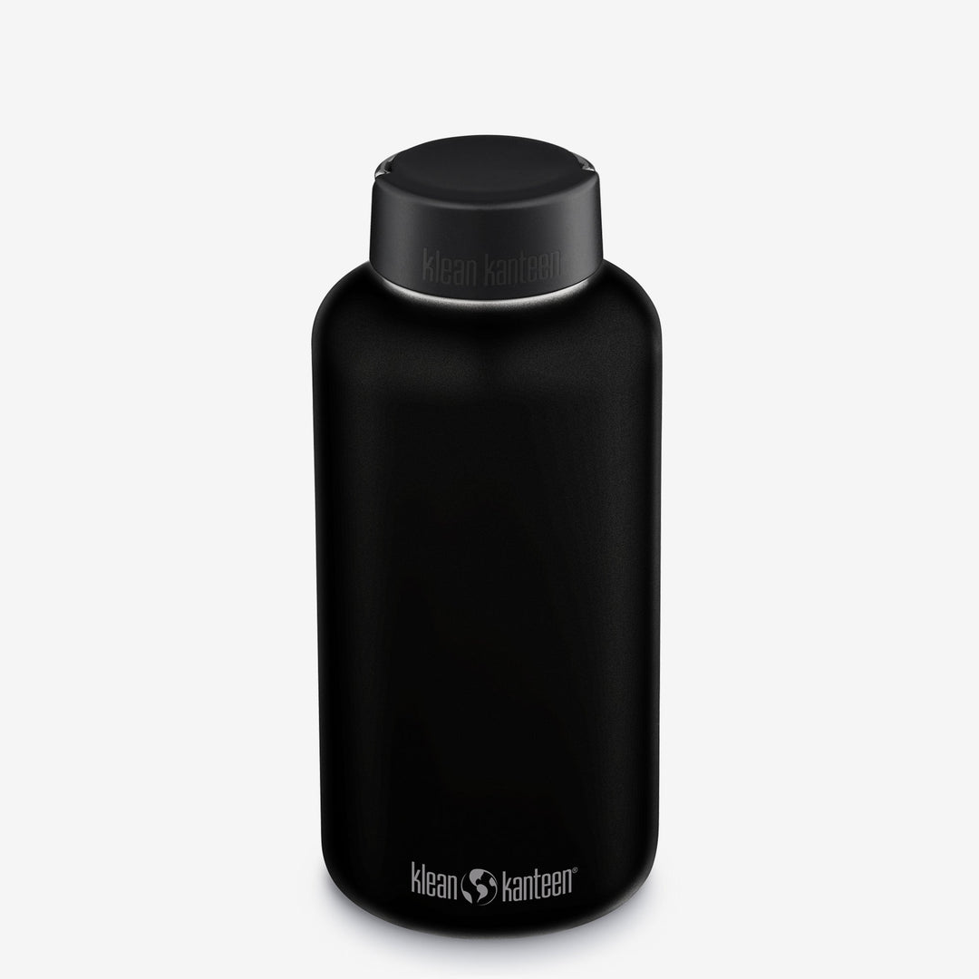Klean Kanteen 64oz Wide Water Bottle in Black with Loop Cap, stainless steel and leak proof loop cap for reliable hydration.