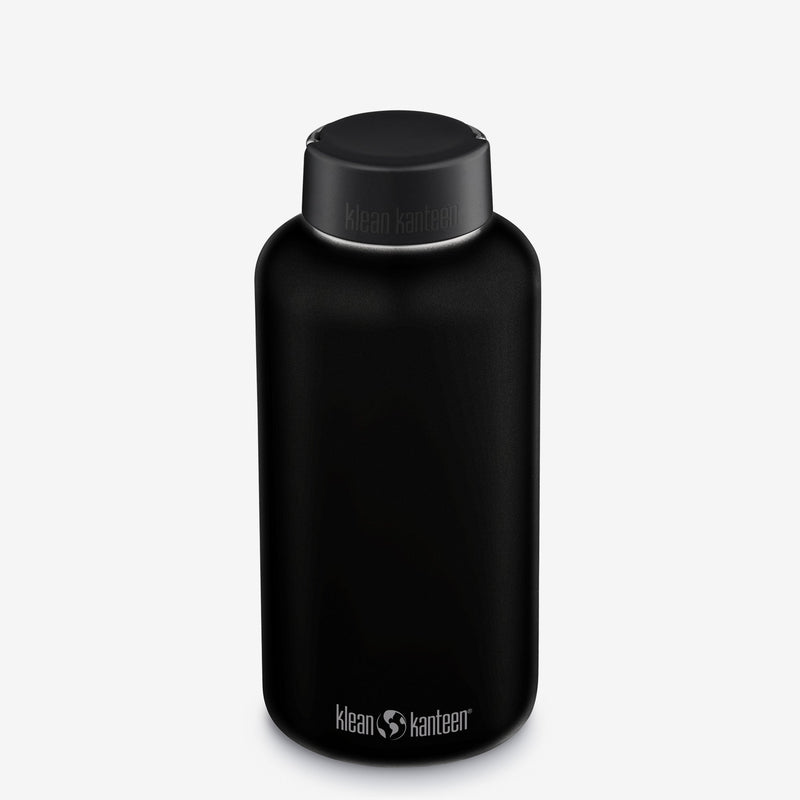 Klean Kanteen 64oz Wide Water Bottle in Black with Loop Cap, stainless steel and leak proof loop cap for reliable hydration.