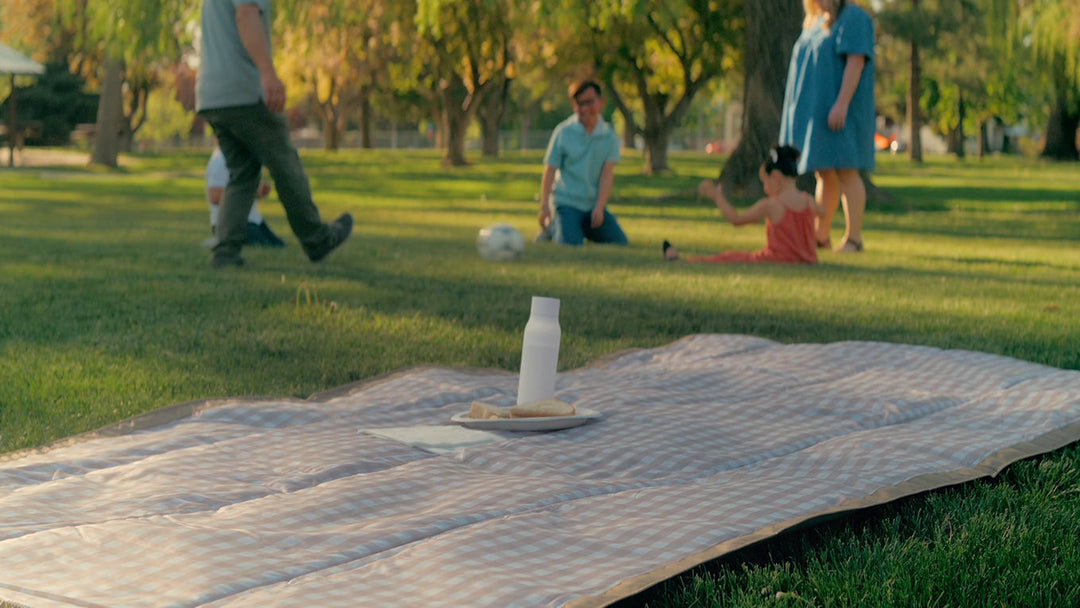 Beige Buffalo Check Little Unicorn Outdoor Blanket, multipurpose outdoor blanket waterproof perfect for park days