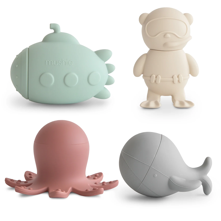 Mushie Sea Life mold-free bath toys for toddlers designed for safe and imaginative bath play.