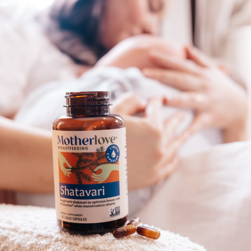Lifestyle shot of Motherlove Shatavari - Liquid Capsules, supplements to increase milk supply conveniently