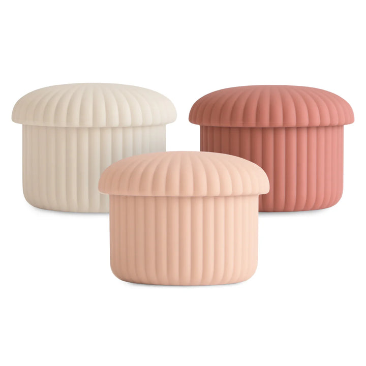 Mushie Silicone Baby Food Containers 3-Pack in Pink Combo - three ribbed food-grade silicone containers with lids