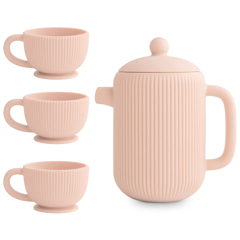 mushie blush silicone tea set with three tea cups and kettle
