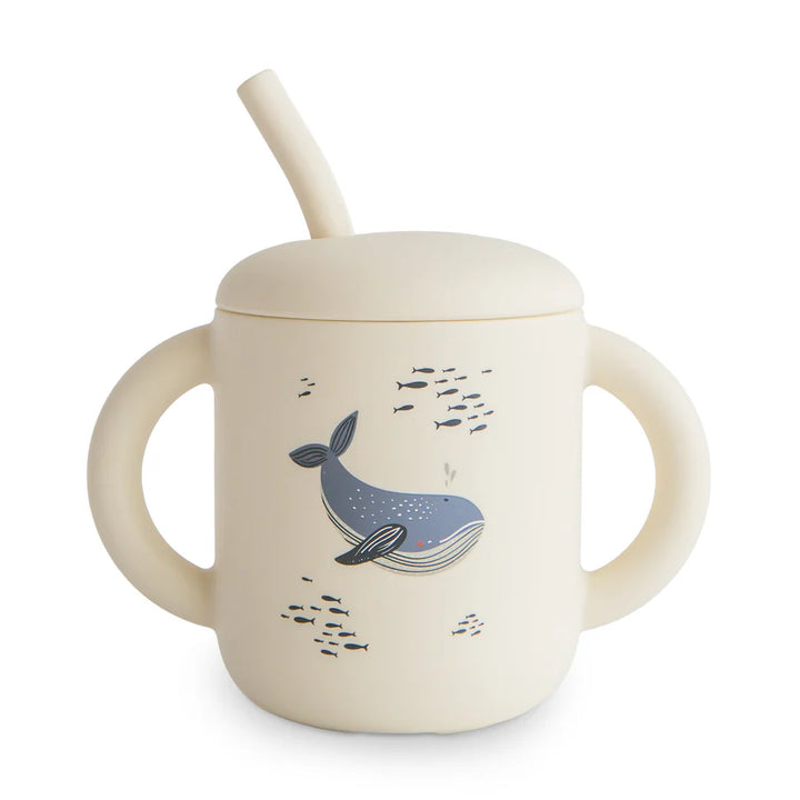 Mushie sippy cup straw cup in Whales perfect for toddlers transitioning to independent drinking